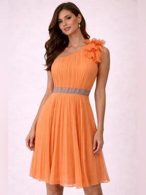 BCBGMaxAzria One-Shoulder Orange Pleated Dress with Floral Shoulder
